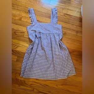 shein- purple gingham cami mini dress with ruffled detailing